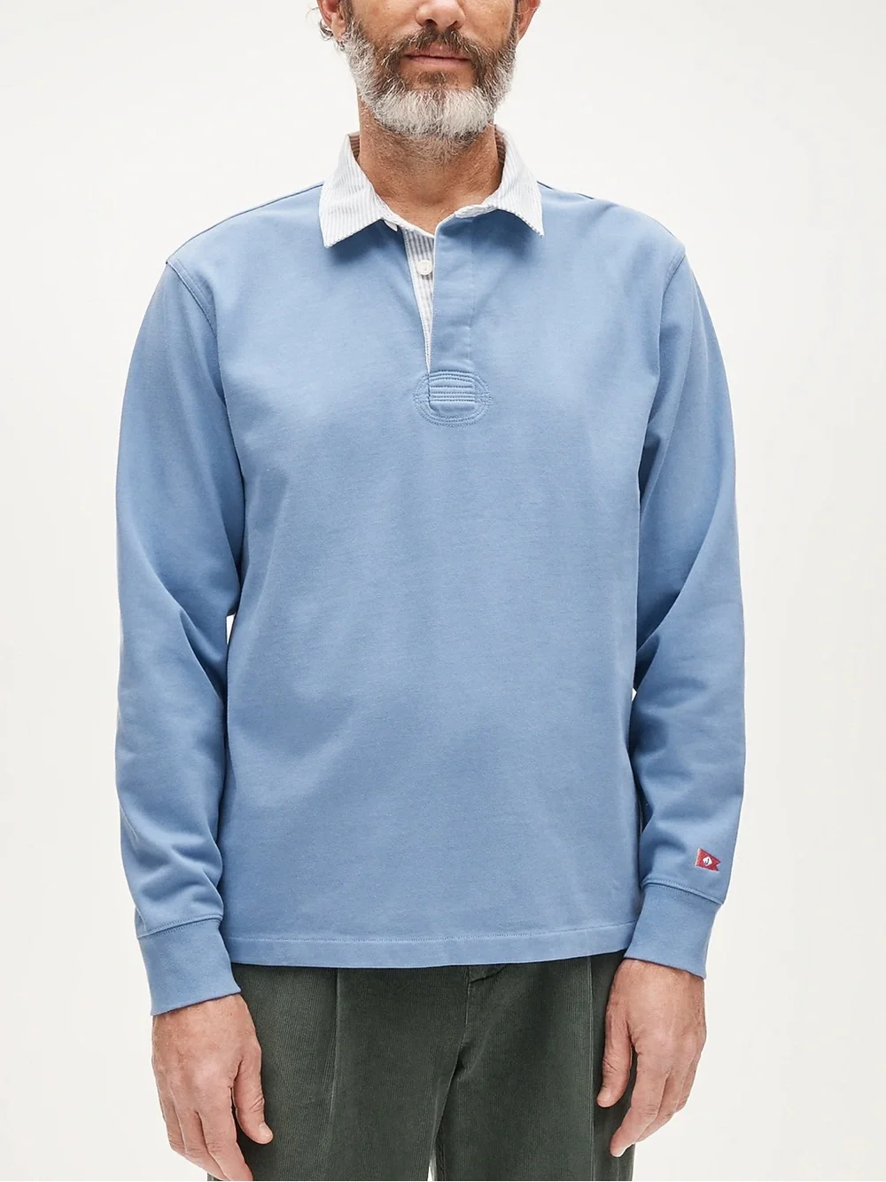 J. Crew Men’s Sky Blue Long-Sleeve Rugby Shirt with White Stripe Collar